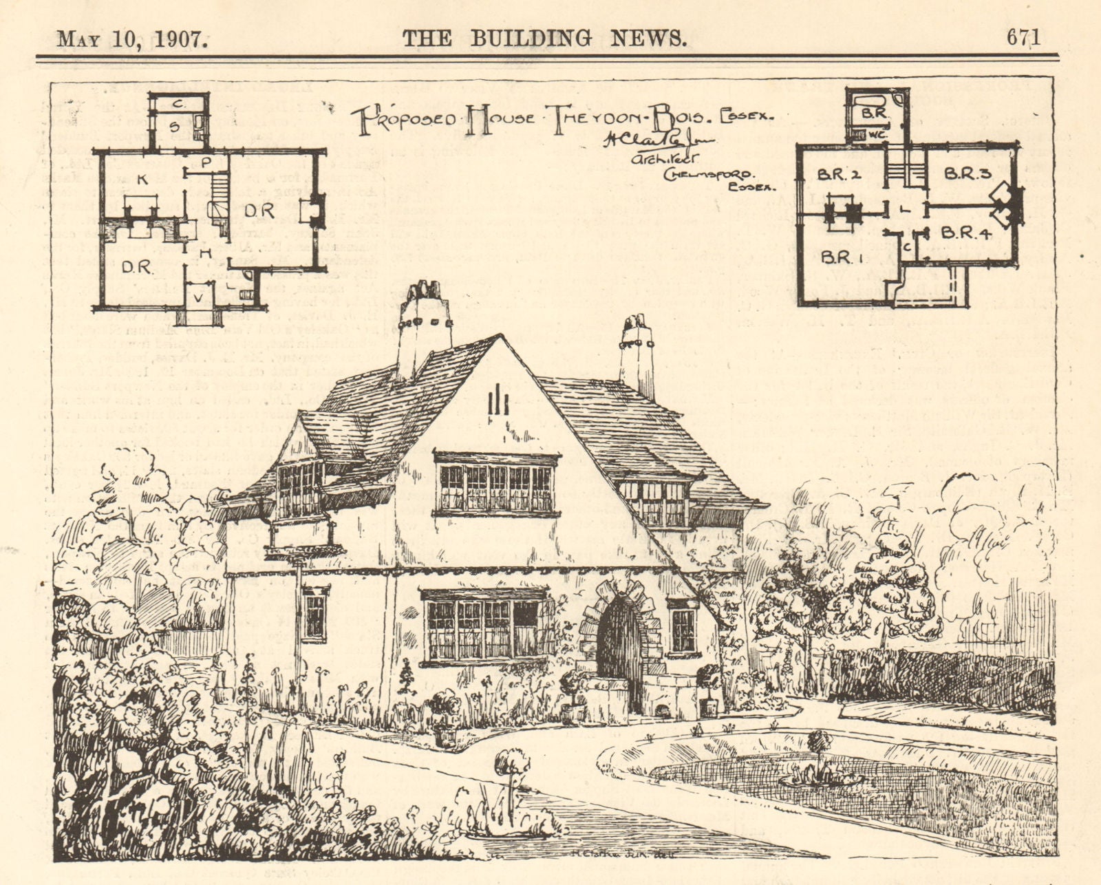Proposed House, Theydon Bois, Essex. Herbert Clarke, Architect, Chelmsford 1907